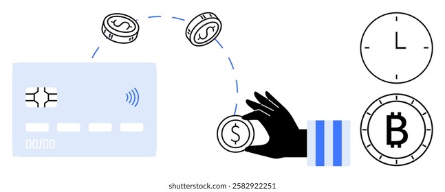 Credit card receiving dollar coins from hand, clocks showing time, bitcoin symbol indicating cryptocurrency. Ideal for finance, banking, cryptocurrency, digital payments, time management, cash flow