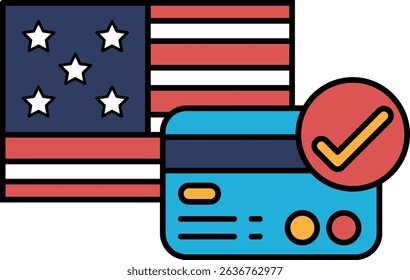 A credit card with a red check mark on it is shown next to the American flag. Concept of patriotism and financial responsibility