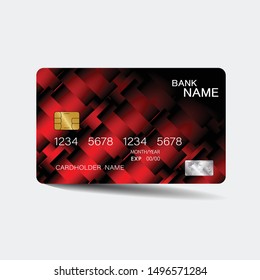 Credit card. With red elements desing. And inspiration from abstract. On white background. Glossy plastic style. 