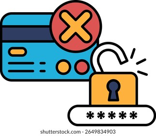 A credit card with a red X on it and a keyhole on the right side. Concept of security and protection, as the keyhole represents a lock that keeps the card safe from unauthorized use