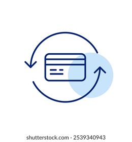 Credit card in refresh arrows. Balance update, recurring payments or subscription renewal. Pixel perfect vector icon