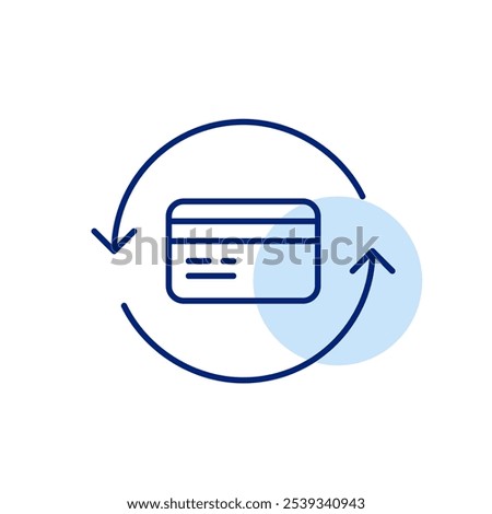 Credit card in refresh arrows. Balance update, recurring payments or subscription renewal. Pixel perfect vector icon