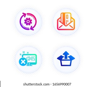 Credit card, Reject access and Cogwheel icons simple set. Button with halftone dots. Send box sign. Mail, Delete device, Engineering tool. Delivery package. Business set. Vector