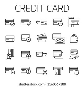 Credit card related vector icon set. Well-crafted sign in thin line style with editable stroke. Vector symbols isolated on a white background. Simple pictograms.