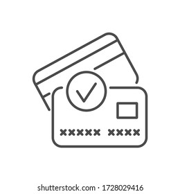 Credit card related vector thin line icon. Credit cards with check mark. Isolated on white background. Editable stroke. Vector illustration.