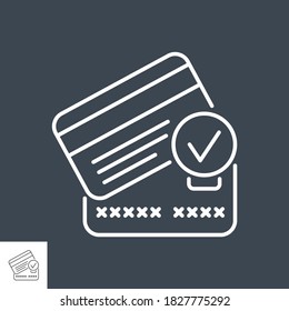 Icono de línea delgada vectorial relacionado con tarjeta de crédito. Tarjetas de crédito con marca de verificación. Aislado sobre fondo negro. Trazo editable. Ilustración vectorial.