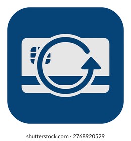 credit card renewal refresh icon with circular upward arrow representing card reissue update reactivation banking payment upgrade chip reloading on navy blue rounded square background