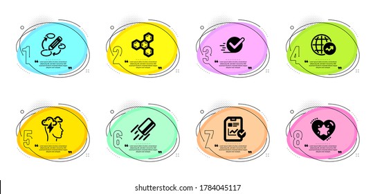 Credit Card, Report Checklist And Keywords Signs. Timeline Infographic. Ranking Star, Checkbox And Chemical Formula Line Icons Set. World Statistics, Mindfulness Stress Symbols. Vector