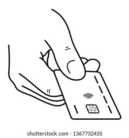 Credit card retail transaction. Vector outline icon isolated on white background.