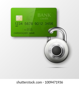 Credit card safe combination lock. Protection credit card. Safety badge banking.