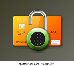 Credit card safe combination lock. Protection credit card. Safety badge banking. 