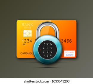 Credit card safe combination lock. Protection credit card. Safety badge banking. Defense finans. Security Plastic card software. Debit card electromagnetic chip Privacy Electronic money funds transfer