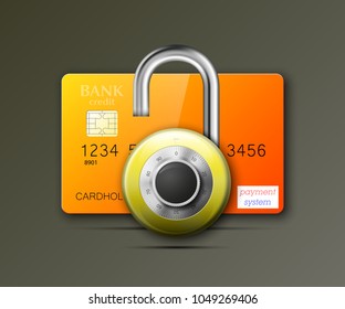 Credit card safe combination lock. Protection credit card. Safety badge banking. Defense finans. Security Plastic card software. Debit card electromagnetic chip Privacy Electronic money funds transfer