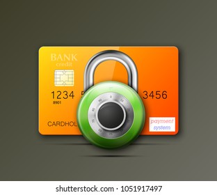 Credit card safe combination lock. Protection credit card. Safety badge banking. Defense finans. Security Plastic card software. Debit card electromagnetic chip Privacy Electronic money funds transfer