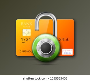 Credit card safe combination lock. Protection credit card. Safety badge banking. Defense finans. Security Plastic card software. Debit card electromagnetic chip Privacy Electronic money funds transfer