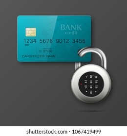 Credit card safe combination lock. Protection credit card. Safety badge banking. Defense finans. Security Plastic card software. Debit card electromagnetic chip Privacy Electronic money funds transfer