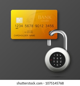 Credit card safe combination lock. Protection credit card. Safety badge banking. Defense finans. Security Plastic card software. Debit card electromagnetic chip Privacy Electronic money funds transfer