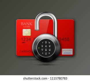 Credit card safe combination lock. Protection credit card. Safety badge banking. Defense finans. Security Plastic card software. Debit card electromagnetic chip Privacy Electronic money funds transfer