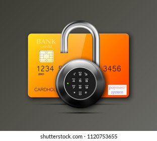 Credit card safe combination lock. Protection credit card. Safety badge banking. Defense finans. Security Plastic card software. Debit card electromagnetic chip Privacy Electronic money funds transfer