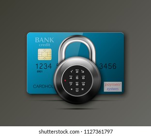 Credit card safe combination lock. Protection credit card. Safety badge banking. Defense finans. Security Plastic card software. Debit card electromagnetic chip Privacy Electronic money funds transfer