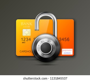 Credit card safe combination lock. Protection credit card. Safety badge banking. Defense finans. Security Plastic card software. Debit card electromagnetic chip Privacy Electronic money funds transfer