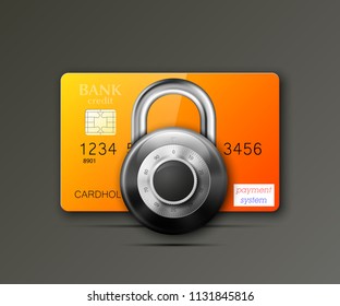 Credit card safe combination lock. Protection credit card. Safety badge banking. Defense finans. Security Plastic card software. Debit card electromagnetic chip Privacy Electronic money funds transfer