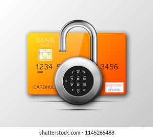 Credit card safe combination lock. Protection credit card. Safety badge banking. Defense finans. Security Plastic card software. Debit card electromagnetic chip Privacy Electronic money funds transfer