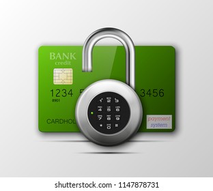 Credit card safe combination lock. Protection credit card. Safety badge banking. Defense finans. Security Plastic card software. Debit card electromagnetic chip Privacy Electronic money funds transfer