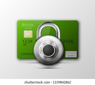 Credit card safe combination lock. Protection credit card. Safety badge banking. Defense finans. Security Plastic card software. Debit card electromagnetic chip Privacy Electronic money funds transfer