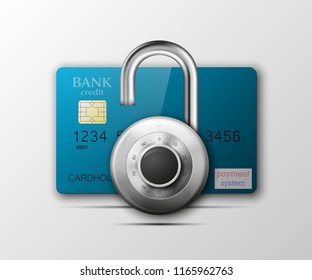 Credit card safe combination lock. Protection credit card. Safety badge banking. Defense finans. Security Plastic card software. Debit card electromagnetic chip Privacy Electronic money funds transfer