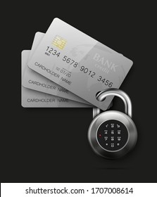 Credit card and safe combination lock. Protection banking finans. Security Plastic Debit card software. Electronic money funds transfer