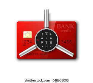 Credit card safe combination lock. Protection credit card. Safety badge banking. Defense finans. Security Plastic card software. Debit card electromagnetic chip Privacy Electronic money funds transfer