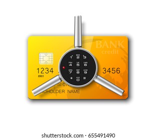 Credit card safe combination lock. Protection credit card. Safety badge banking. Defense finance. Privacy Electronic money funds transfer