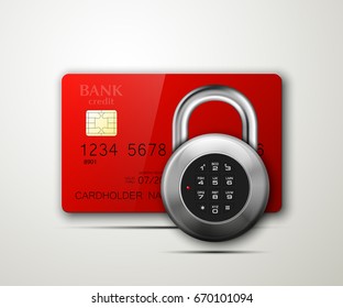 Credit card safe combination lock. Protection credit card. Safety badge banking. Defense finans. Security Plastic card software. Debit card electromagnetic chip Privacy Electronic money funds transfer