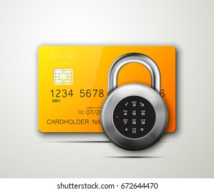 Credit card safe combination lock. Protection credit card. Safety badge banking. Defense finans. Security Plastic card software. Debit card electromagnetic chip Privacy Electronic money funds transfer