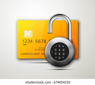 Credit card safe combination lock. Protection credit card. Safety badge banking. Defense finans. Security Plastic card software. Debit card electromagnetic chip Privacy Electronic money funds transfer