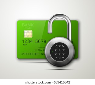 Credit card safe combination lock. Protection credit card. Safety badge banking. Defense finans. Security Plastic card software. Debit card electromagnetic chip Privacy Electronic money funds transfer