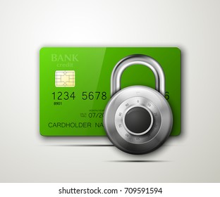 Credit card safe combination lock. Protection credit card safety badge banking. Defense finance security Plastic card software. Debit card electromagnetic chip Privacy Electronic money funds transfer
