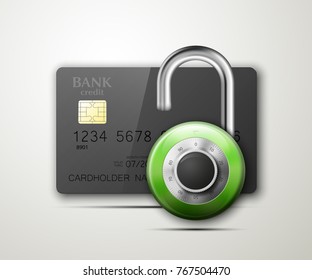 Credit card safe combination lock. Protection credit card. Safety badge banking. Defense finans. Security Plastic card software. Debit card electromagnetic chip Privacy Electronic money funds transfer