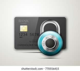 Credit card safe combination lock. Protection credit card. Safety badge banking. Defense finans. Security Plastic card software. Debit card electromagnetic chip Privacy Electronic money funds transfer