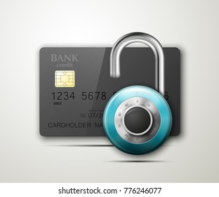 Credit card safe combination lock. Protection credit card. Safety badge banking. Defense finans. Security Plastic card software. Debit card electromagnetic chip Privacy Electronic money funds transfer
