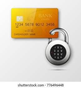 Credit card safe combination lock. Protection credit card. Safety badge banking. Defense finans. Security Plastic card software. Debit card electromagnetic chip Privacy Electronic money funds transfer