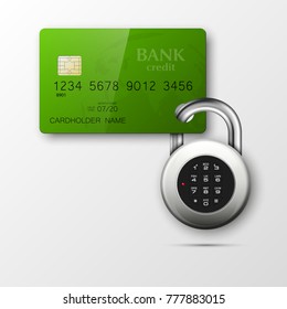 Credit card safe combination lock. Protection credit card. Safety badge banking. Defense finans. Security Plastic card software. Debit card electromagnetic chip Privacy Electronic money funds transfer