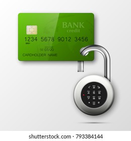 Credit card safe combination lock. Protection credit card. Safety badge banking. Defense finans. Security Plastic card software. Debit card electromagnetic chip Privacy Electronic money funds transfer