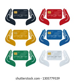 Credit card in safe hands, credit card protection concept on white background. Finance concept design.