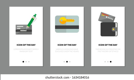 Credit card safety flat icon set. Key, access, signature, wallet isolated sign pack. Banking, finance, protection concept. Vector illustration symbol elements for web design