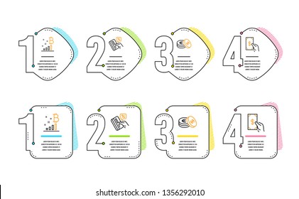 Credit card, Savings and Bitcoin graph icons simple set. Receive money sign. Loan percent, Cash coins, Cryptocurrency analytics. Cash payment. Finance set. Infographic timeline. Line credit card icon