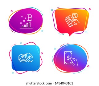 Credit card, Savings and Bitcoin graph icons simple set. Receive money sign. Loan percent, Cash coins, Cryptocurrency analytics. Cash payment. Finance set. Speech bubble credit card icon. Vector