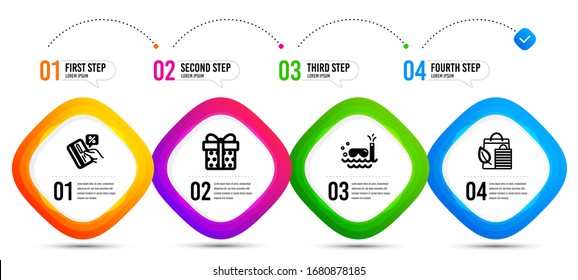 Credit card, Scuba diving and Bio shopping icons simple set. Timeline infographic. Gift box sign. Loan percent, Trip swimming, Leaf. Present package. Business set. Vector