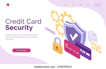 Credit card security banner. Concept of protection online payments and money from fraud and mobile scam. Vector landing page with isometric banking cards, shield and padlock